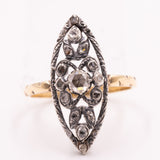 Anello a navette antico in oro giallo 14K e argento con diamanti di taglio rosetta (0.30ctw ca.), primi del ‘900