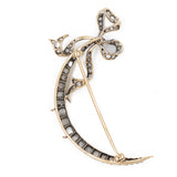 Spilla antica in oro giallo 18k a mezza luna con diamanti di taglio rosetta