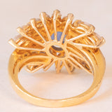 Vintage 18K yellow gold ring with sapphire (1.20ct approx.) and marquise and baguette cut diamonds (2.70ctw approx.), 70s