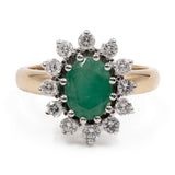Bague marguerite vintage en or jaune et blanc 14 carats avec émeraude (environ 1.75 ct) et diamants taille brillant (environ 0.72 ct), années 70