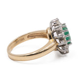 Bague marguerite vintage en or jaune et blanc 14 carats avec émeraude (environ 1.75 ct) et diamants taille brillant (environ 0.72 ct), années 70