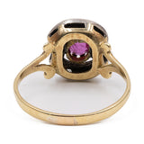 Anello vintage in oro giallo 18k con rubino e rosette di diamante, anni '50