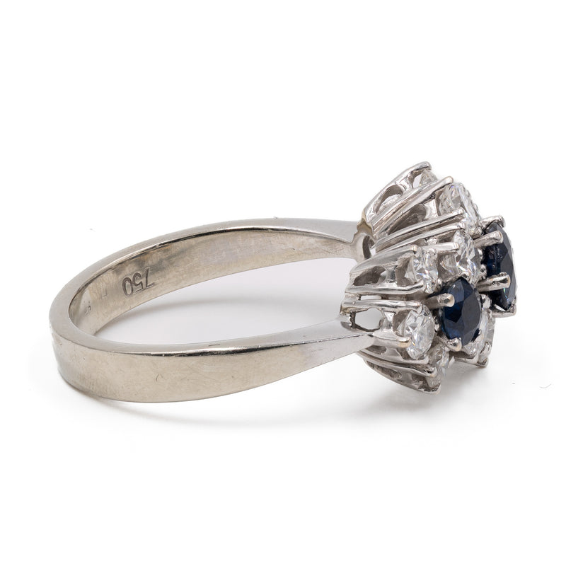 Anello vintage in oro bianco 18k con diamanti (1,34ctw) e zaffiri (0,90ct), anni '60