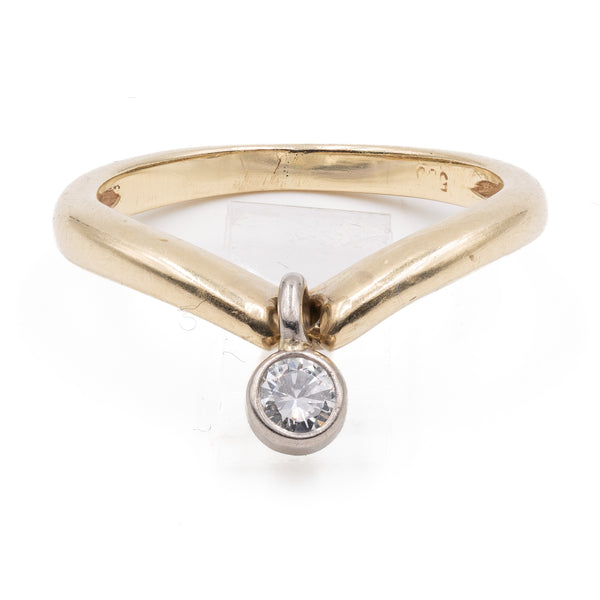 Anello vintage in oro giallo 14k con diamante pendente (0,10ct), anni '70