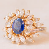 Vintage 18K yellow gold ring with sapphire (1.20ct approx.) and marquise and baguette cut diamonds (2.70ctw approx.), 70s