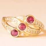 14K yellow gold “triple” ring with synthetic rubies (approx. 0.45ctw) and brilliant cut diamonds (approx. 0.22ctw), 80s