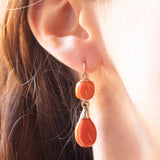 Vintage 2K Yellow Gold 1 in 18 Orange Coral Earrings, 50s