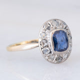 Anello a margherita antico in oro giallo 18K e argento con zaffiro e diamanti di taglio rosetta, anni ‘10/‘20