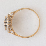 Anello vintage in oro giallo 9K con zaffiri (0.20ctw ca.) e diamanti (0.18ctw ca.), anni ‘70/‘80