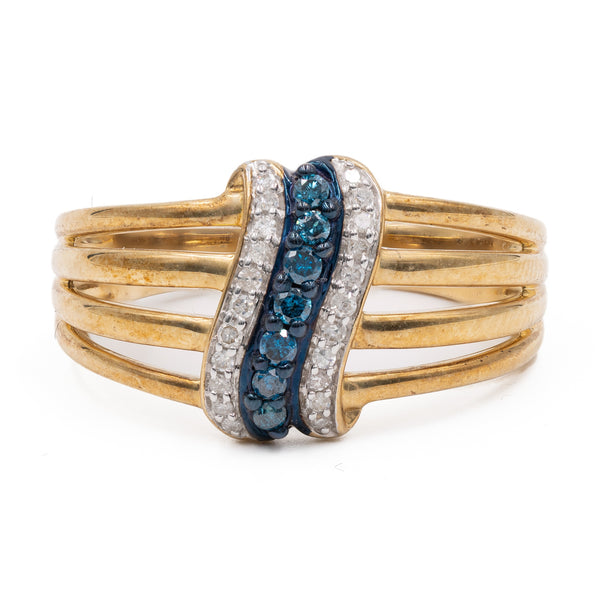Anello vintage in oro giallo 9k con diamanti bianchi e blu