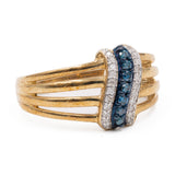 Anello vintage in oro giallo 9k con diamanti bianchi e blu
