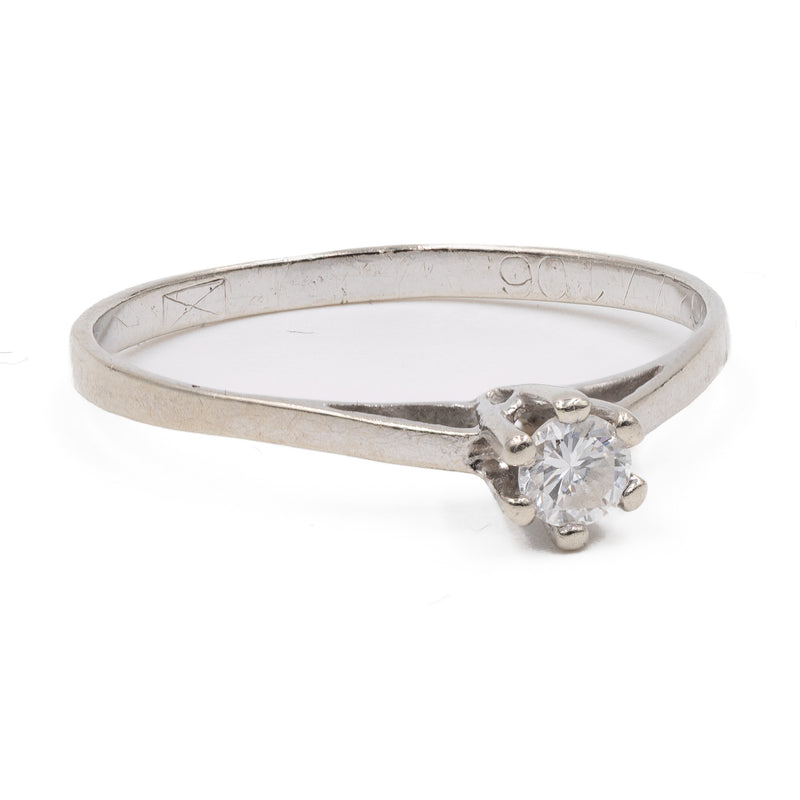 Anello solitario vintage in oro bianco 14k con diamante (0,15ct), anni '70