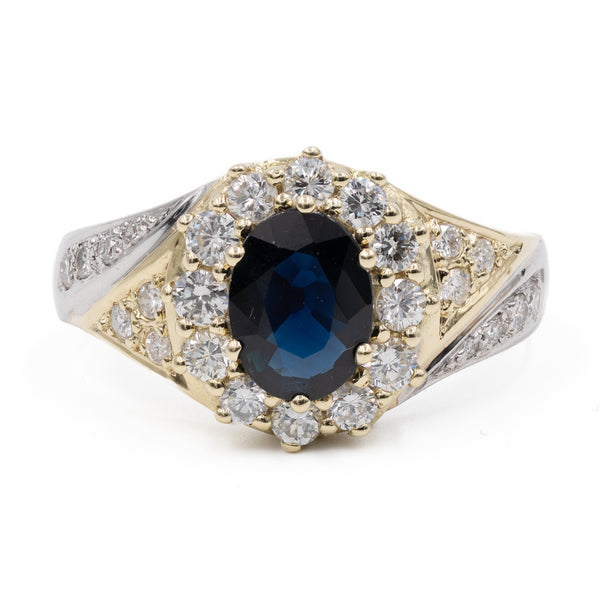 Anello vintage a margherita in oro bicolore 14k con zaffiro (1.28ct) e diamanti (0.75ct), anni '80
