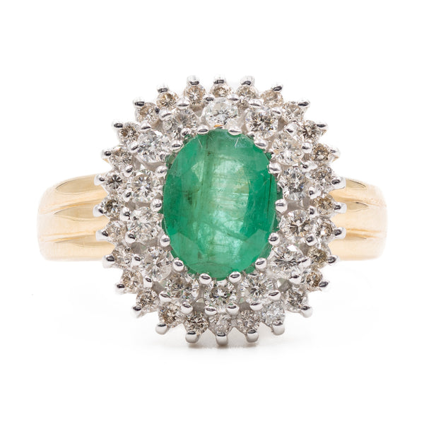 Anello vintage a margherita in oro giallo 14k con smeraldo (1.70ct) e diamanti (0.84ctw), anni '70