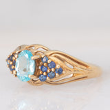 Anello vintage in oro giallo 9K con apatite (0.80ctw ca.) e zaffiri (0.37ctw ca.), anni ‘80/‘90