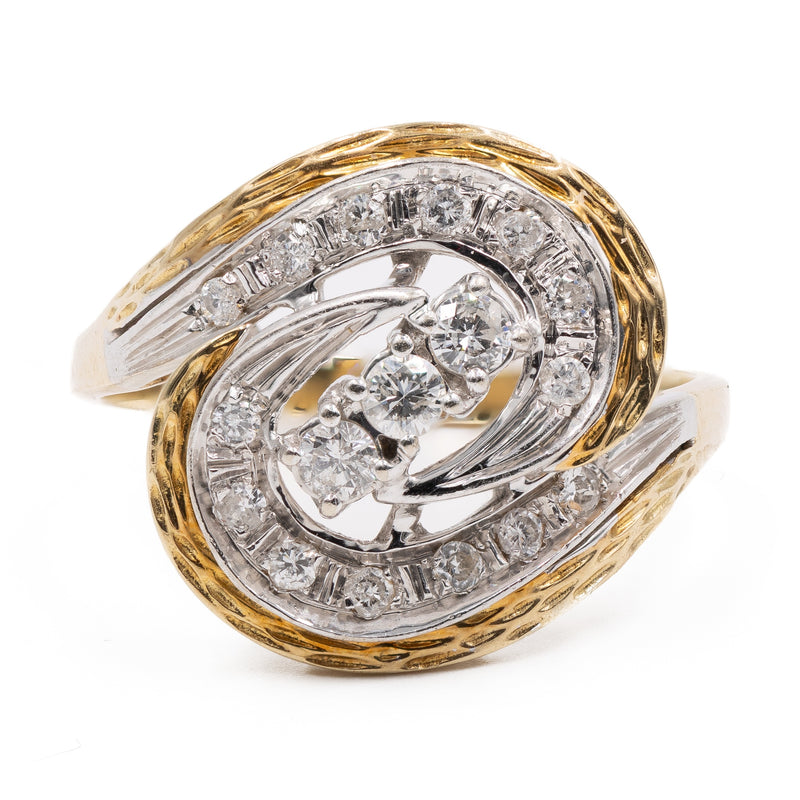 Anello vintage tourbillon in oro bicolore 14k con diamanti (0,26ctw), anni '70