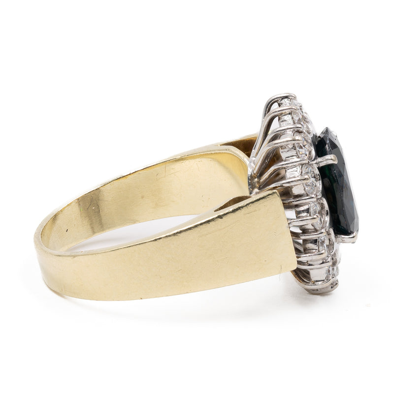 Anello vintage a margherita in oro giallo e bianco 14k con zaffiro (1,50ct) e diamanti (0,70ctw), anni '70