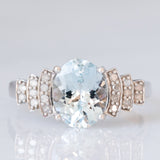 Anello vintage in oro bianco 10K con acquamarina (2.20ct ca.) e diamanti (0.13ctw ca.), anni ‘90