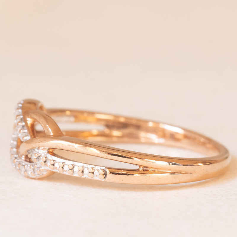 Anello intrecciato vintage in oro rosa e bianco 9K con diamanti, anni ‘90