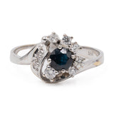 Bague vintage en or blanc 14 carats avec saphir (0,40 ct) et diamants (0,20 ct), années 70