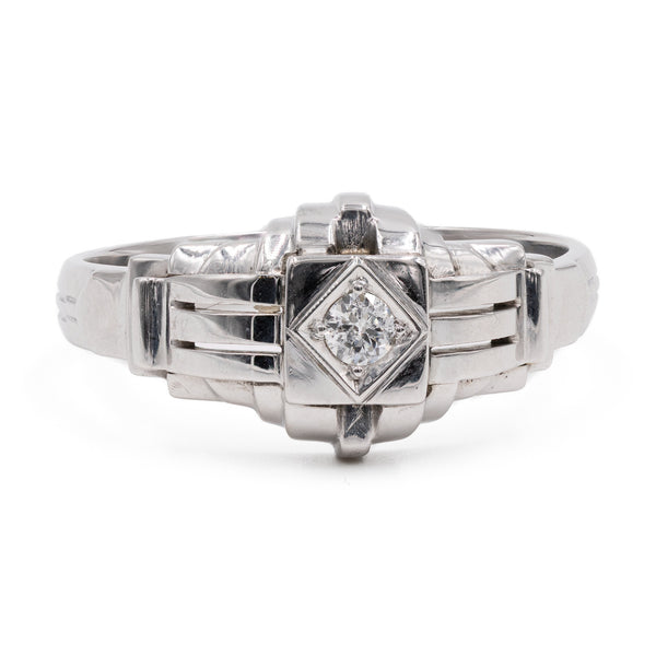 Bague Solitaire Art Déco Or Blanc 18k Avec Diamant Ancien 0,10 Carats – Taille 52 – Occasion (années 1930)