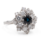 Anello vintage a margherita in oro bianco 14k con zaffiro (1ct) e diamanti (1,60ctw), anni '70