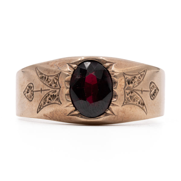 Anello vintage in oro rosa 8k inciso con granato