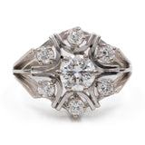 Bague fleur vintage en or blanc 14 carats avec diamant central de 0,80 ct et diamants environnants de 0,36 ct, années 70