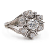 Bague fleur vintage en or blanc 14 carats avec diamant central de 0,80 ct et diamants environnants de 0,36 ct, années 70