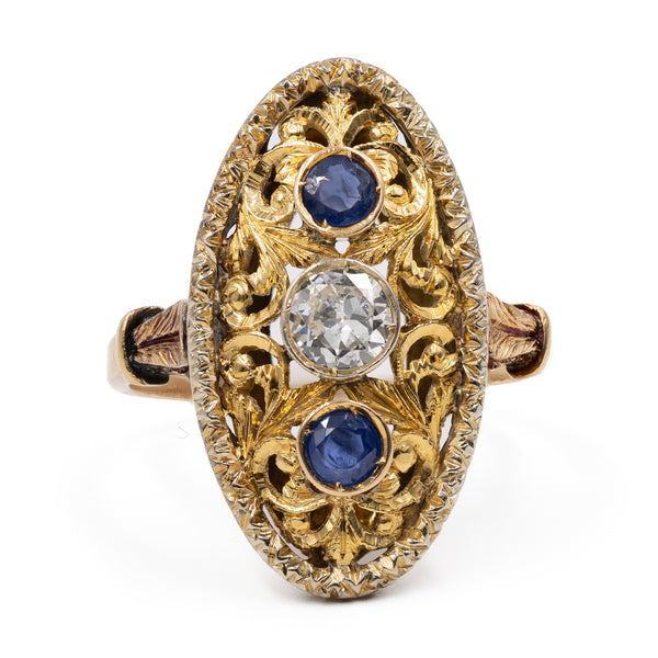 Anello vintage in oro giallo 18k con zaffiri (0,30ctw) e diamante (0,30ct), anni '50