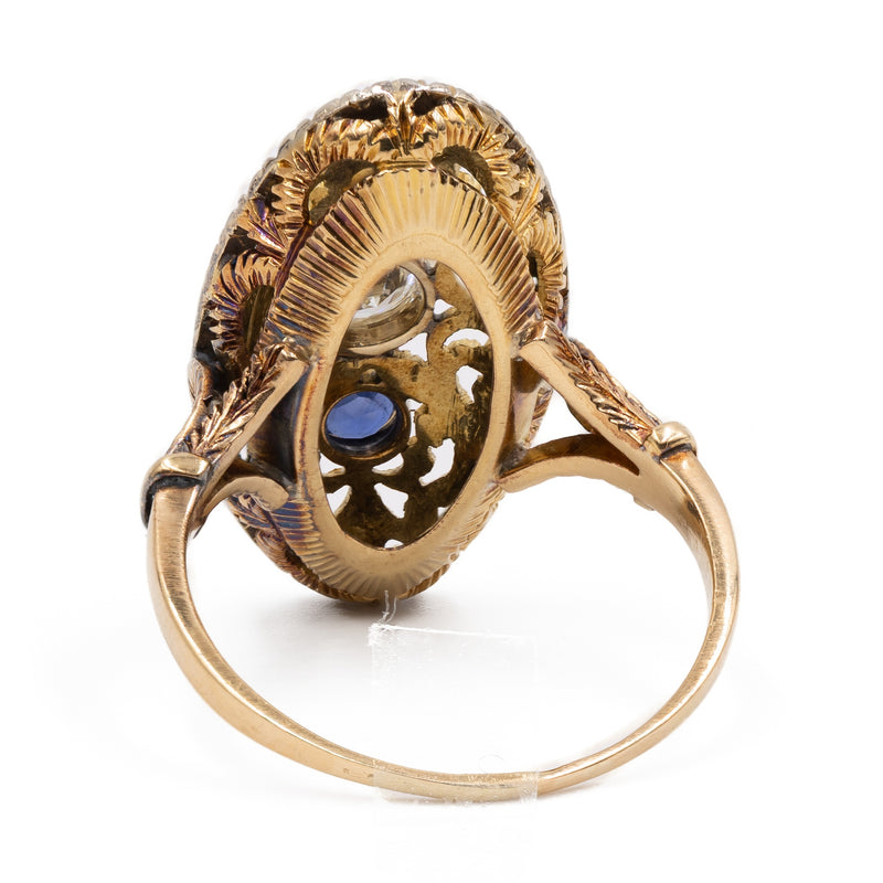 Anello vintage in oro giallo 18k con zaffiri (0,30ctw) e diamante (0,30ct), anni '50
