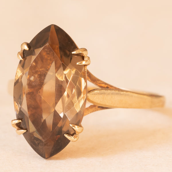 Anello da cocktail vintage in oro giallo 9K con quarzo fumé di taglio marquise (3.10ct ca.), anno 1992