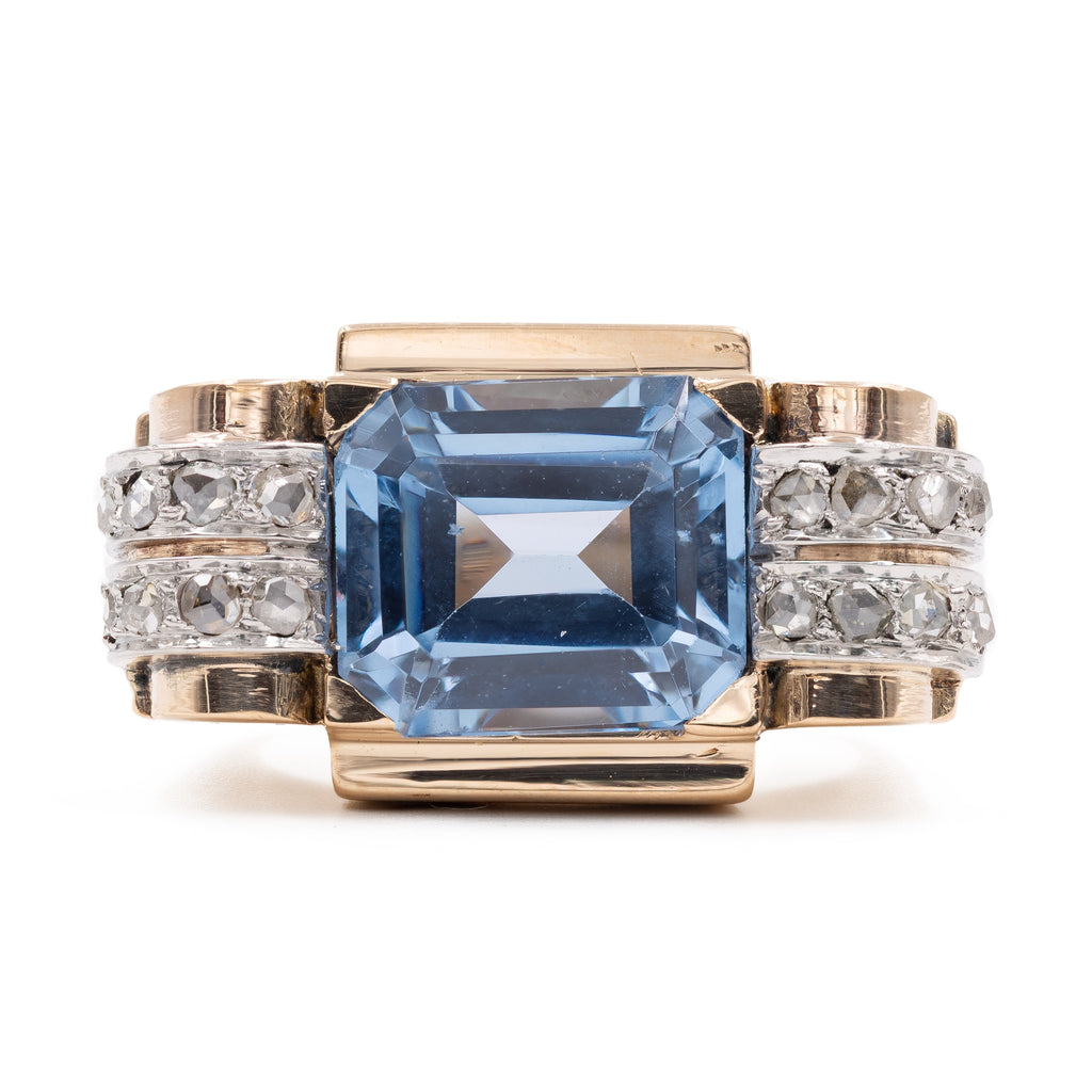 Bague Art Déco En Or Rose 18k Avec Spinelle Bleu - Monture Dôme Vintage Années 1950