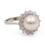 Anello vintage in oro bianco 18k con perla e diamanti (0,74ctw), anni '60