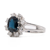 Vintage 14k White Gold Sapphire (1,40ct) & Diamonds (0,48ctw) Daisy Ring, 70s