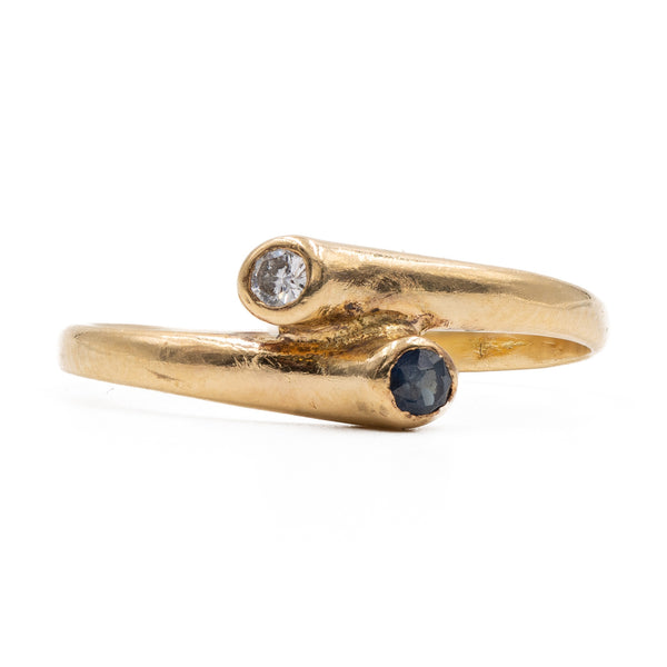 Anello contrarier in oro giallo 18k con diamante e zaffiro, anni '70