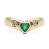 *RESERVADO* Anel "V" vintage em ouro amarelo 14k com esmeralda e diamantes (0,15ctw)