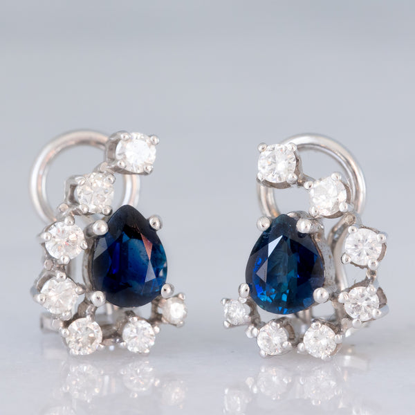Orecchini vintage in oro bianco 14K con zaffiri di taglio a goccia (1.50ctw ca.) e diamanti di taglio brillante (0.74ctw ca.), anni ‘80