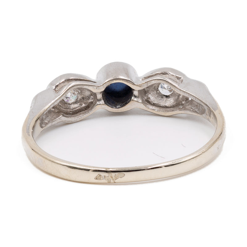 Anello vintage in oro bianco 14k con zaffiro e diamanti