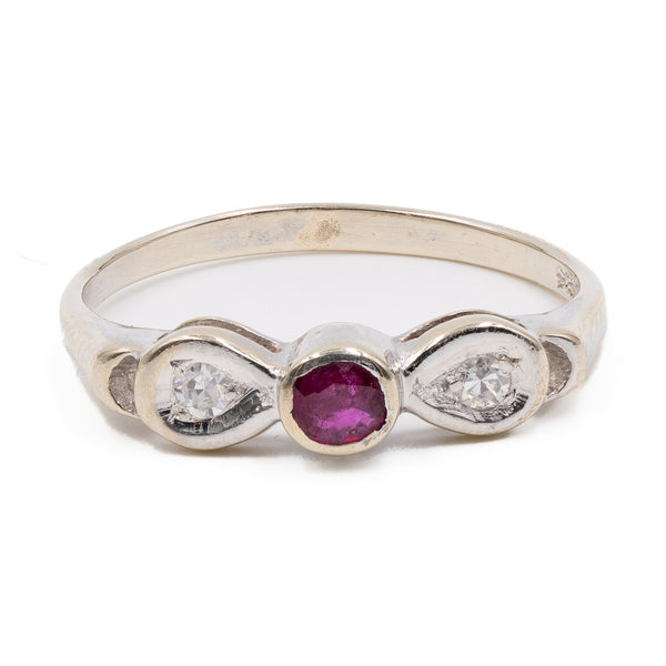 Anello vintage in oro bianco 14k con rubino e diamanti