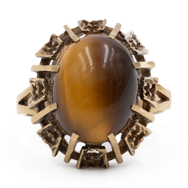 Anello vintage da cocktail in oro giallo 8k con occhio di tigre