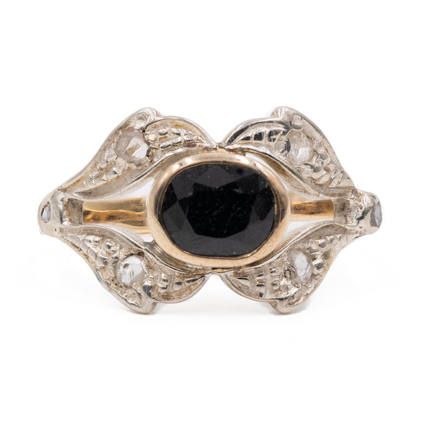 Anello vintage in oro giallo 18k e argento con zaffiro e diamanti di taglio rosa