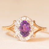 Anello a margherita vintage in oro giallo 9K con ametista (0.40ct ca.) e diamanti, anni ‘80