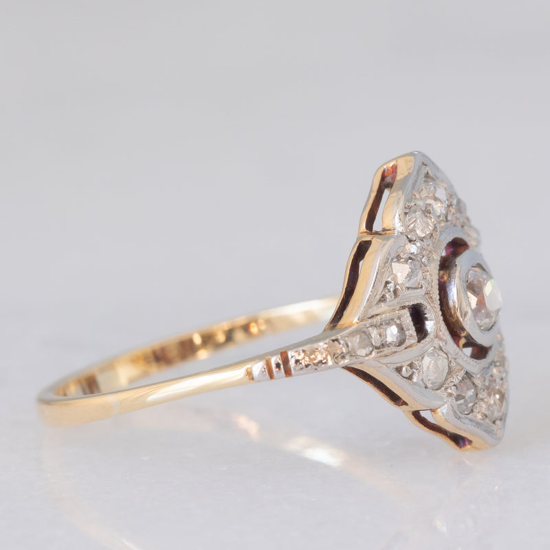 Anello Art Déco in oro giallo e bianco 14K con diamanti di taglio vecchia miniera e di taglio rosetta (0.30ctw ca.), anni ‘30