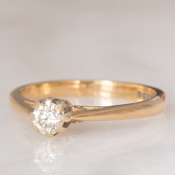 Solitario vintage in oro giallo 9K con diamante di taglio brillante (0.20ct ca.), anni ‘80/‘90