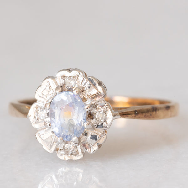 Anello a margherita vintage in oro giallo e bianco 9K con zaffiro e diamanti, anno 1992