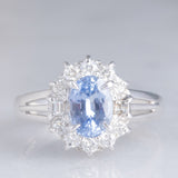 Anello a margherita vintage in platino con zaffiro (1.10ct) e diamanti (0.33ctw), anni ‘70