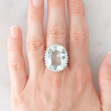 Anello a margherita vintage in platino con acquamarina (17.93ct) e diamanti (1ctw), anni ‘70/‘80