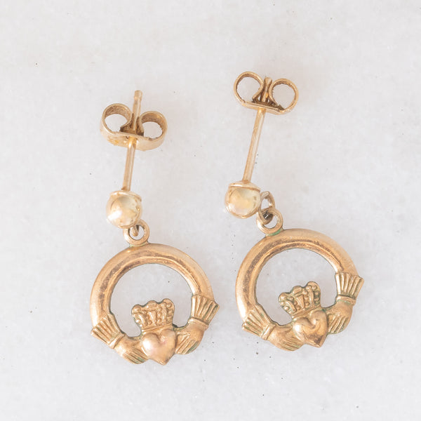 “Amicizia, amore, lealtà” Orecchini Claddagh vintage in oro giallo 9K originali irlandesi, anno 1993