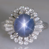 Anello ballerina vintage in platino con zaffiro stellato (4.59ct) e diamanti (0.85ctw), anni '90